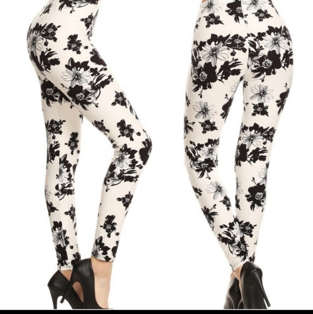 Soft High Waist Printed Leggings Black Ivory Floral